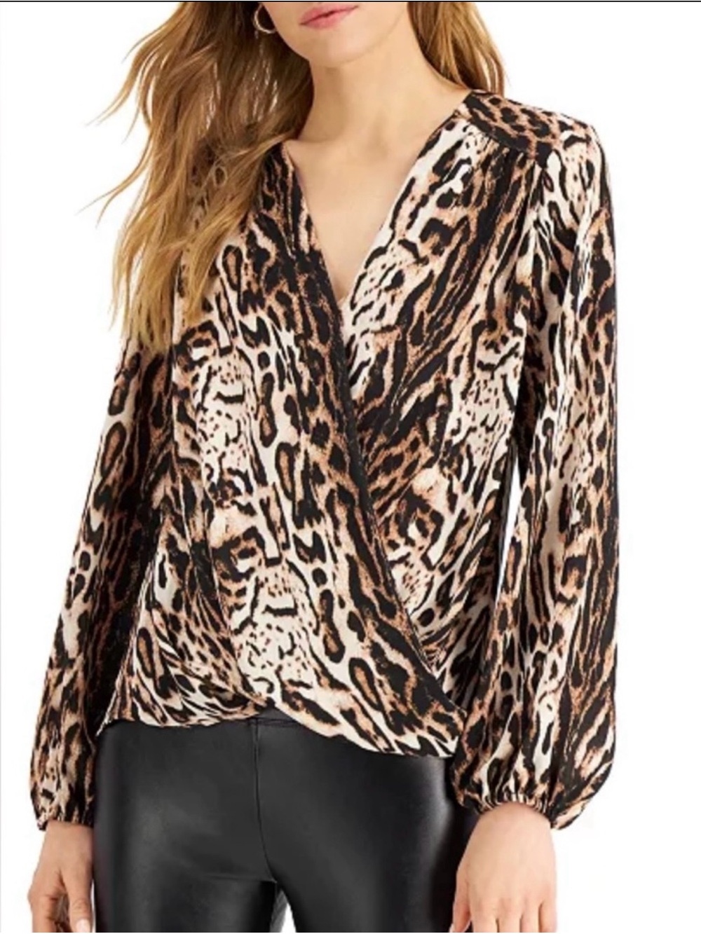 INC International Concepts Leopard Print Wrap-Front Blouse - Black/Tan